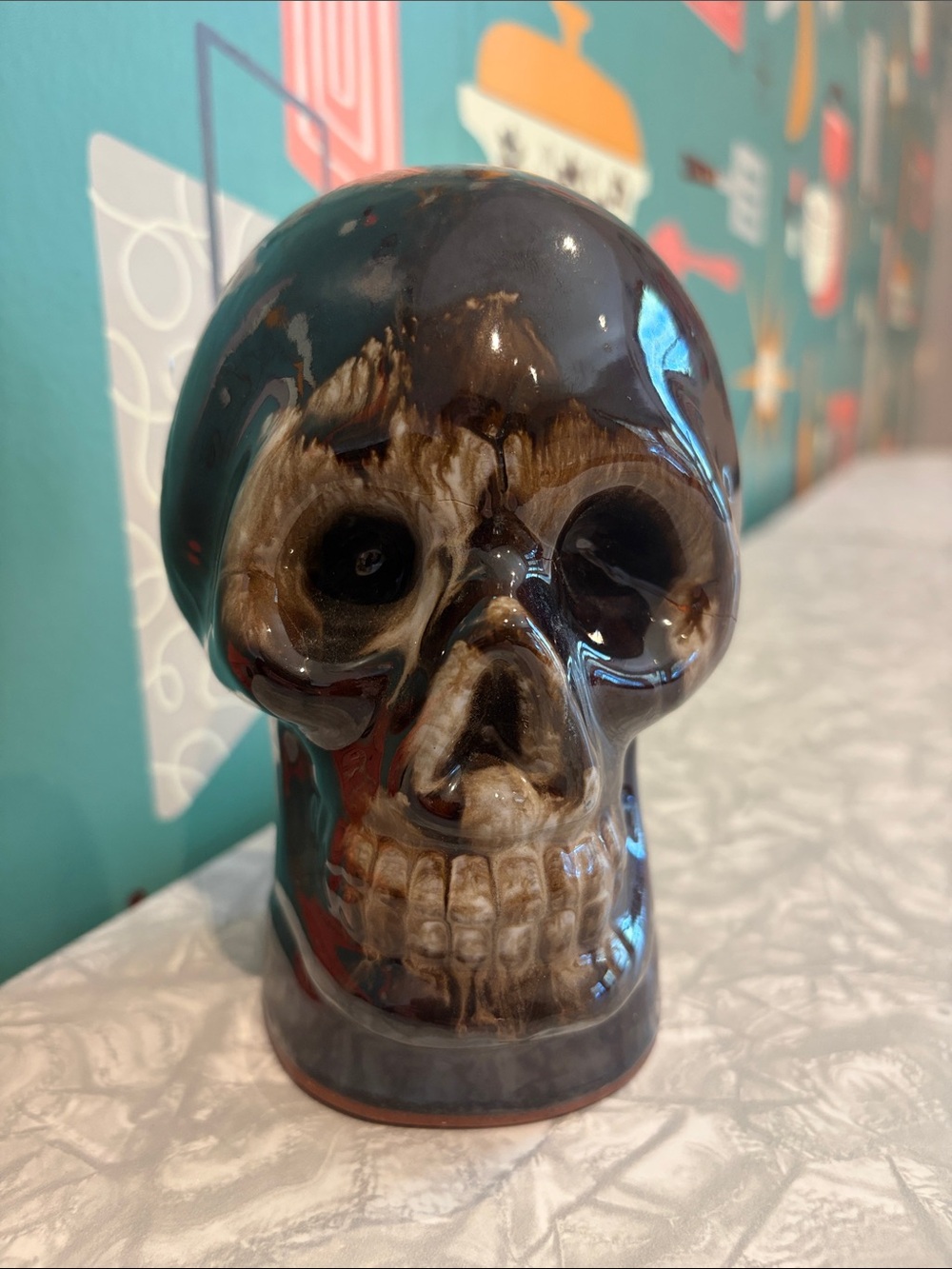 Vintage Japan Drip Glaze Ceramic Skull Piggy Bank Mid Century